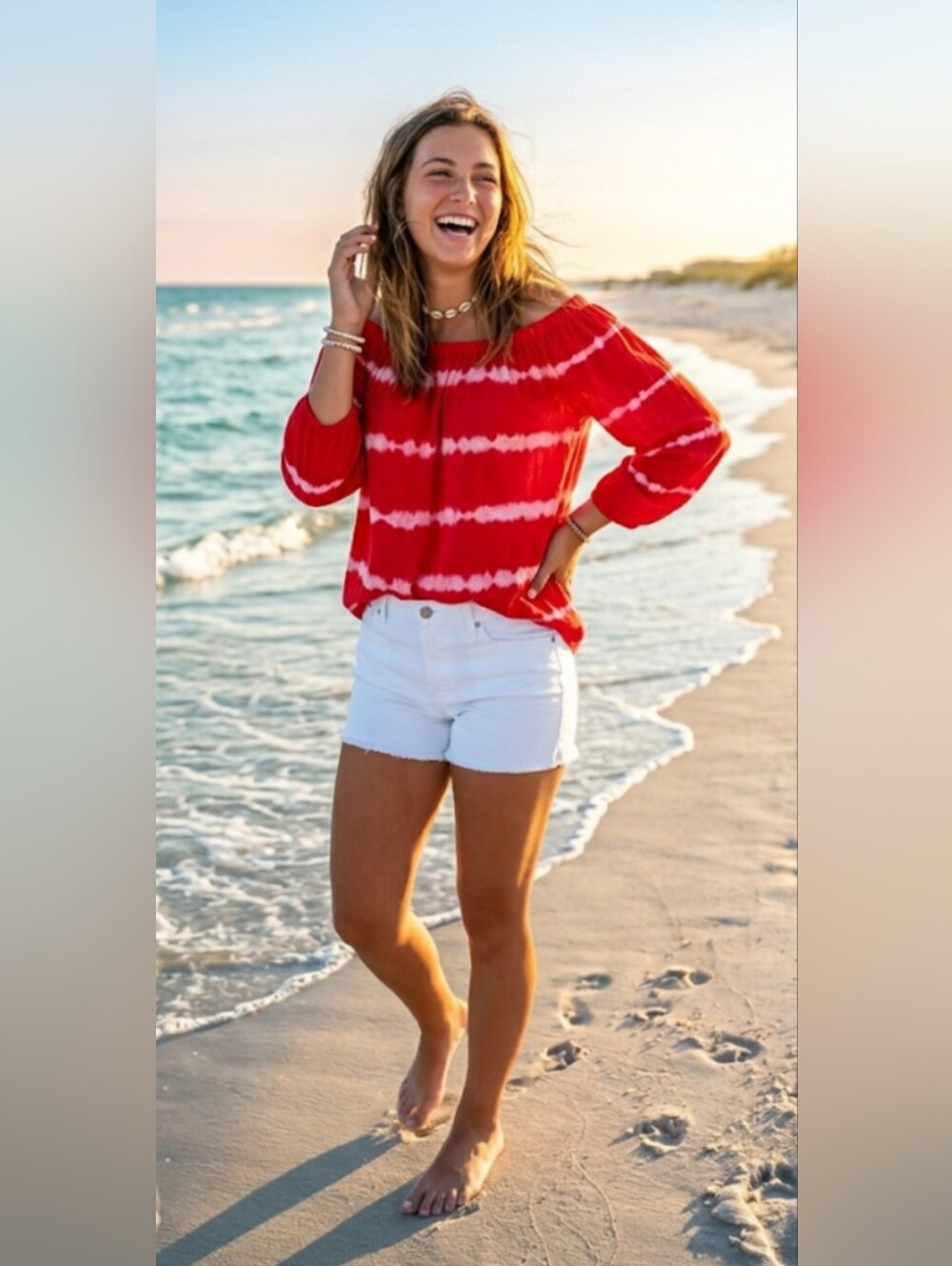 Chaps Designer Red Off-the-Shoulder Tie-Dye Blouse